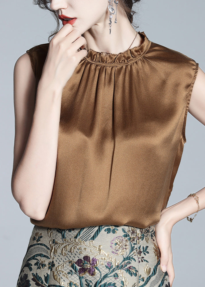 Handmade Coffee Stand Collar Silk Tops Summer