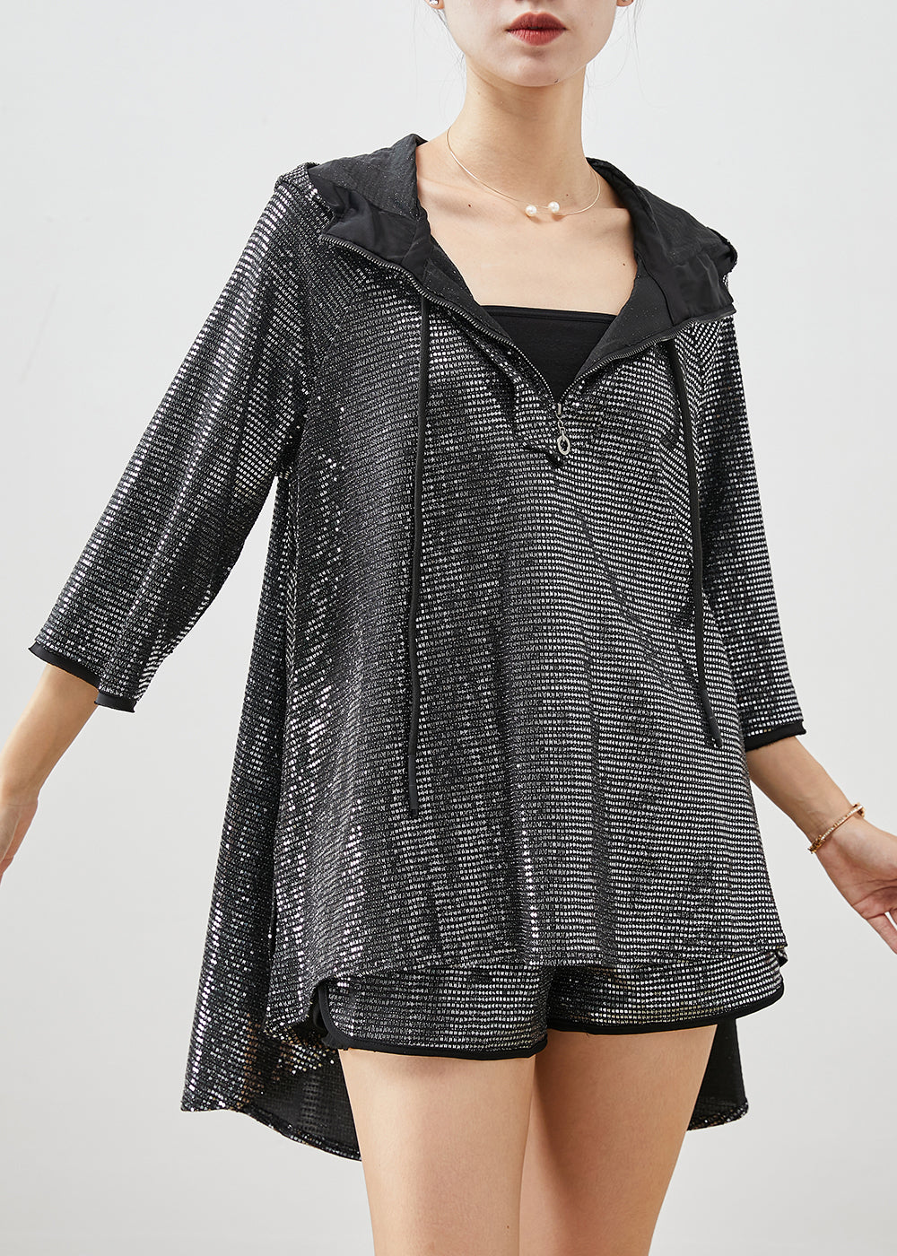 Black Sequins Low High Design Two Pieces Set Spring