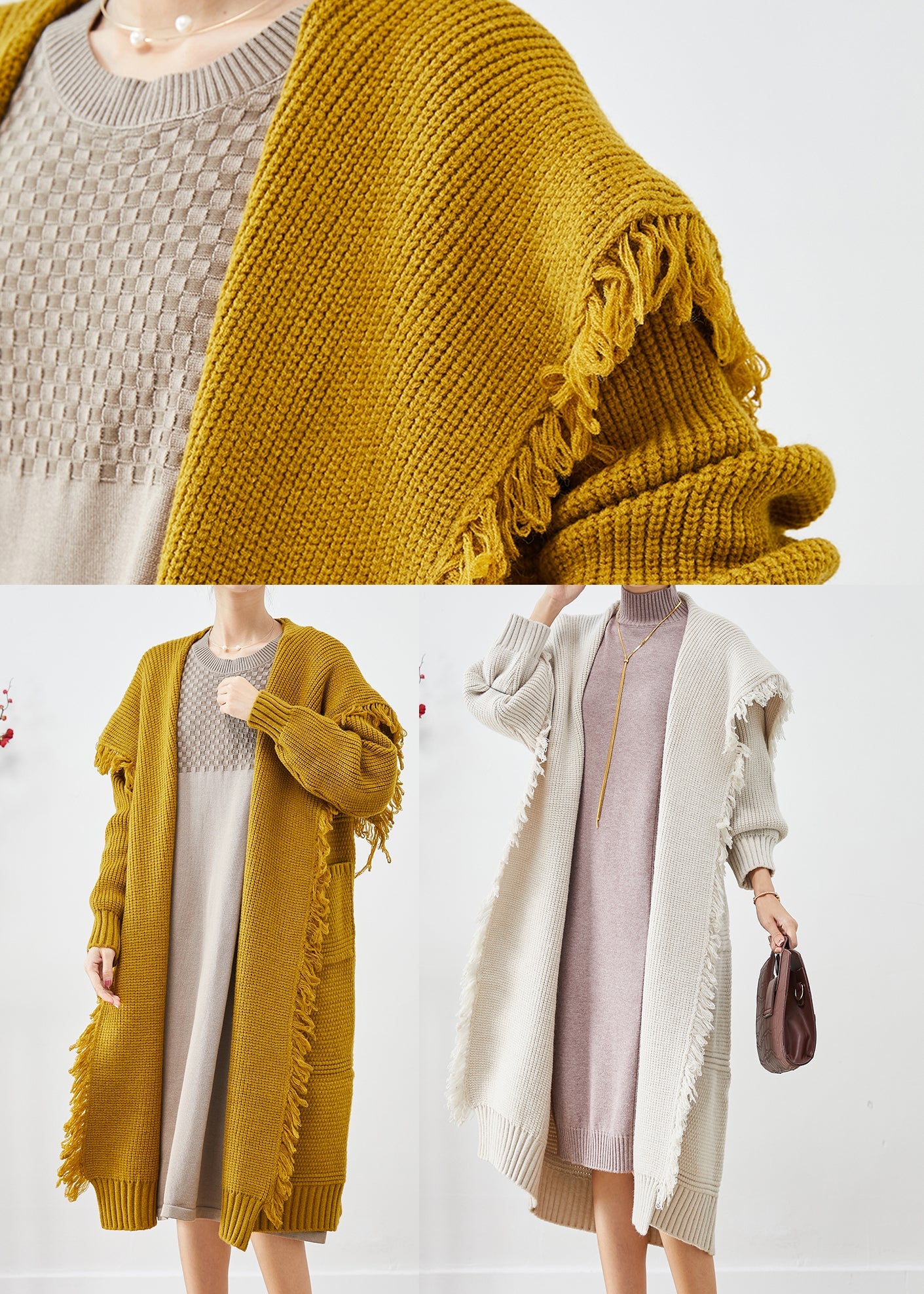 White Tasseled Knit Cardigan Sailor Collar Winter