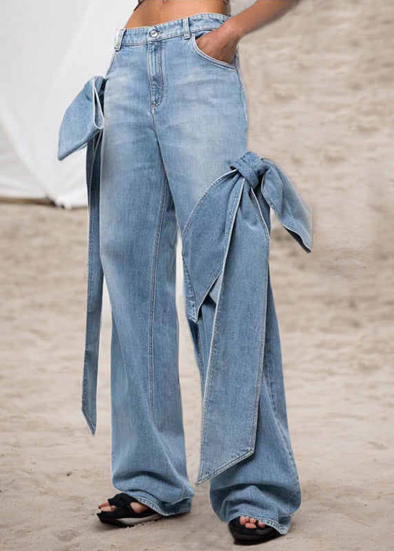 Blue Pockets Patchwork Bow Straight Jeans Summer