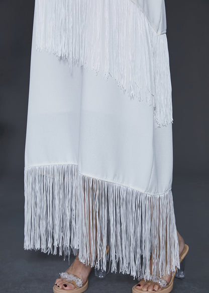 White Tasseled Chiffon Spaghetti Strap Dress Summer