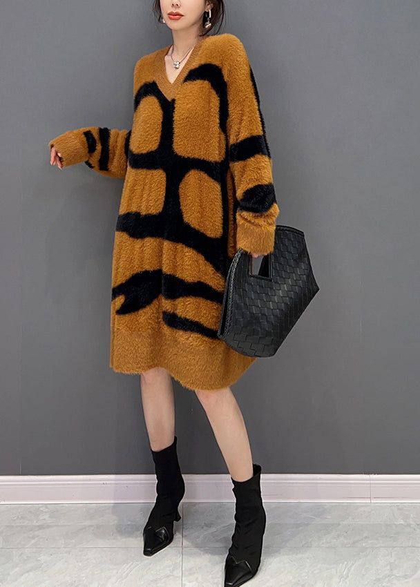Orange V Neck Patchwork Mink Velour Maxi Dress Fall