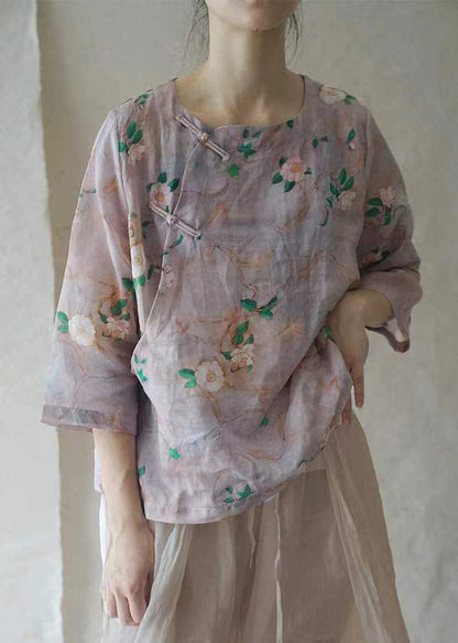 Purple O-neck Button Linen Shirt Half Sleeve