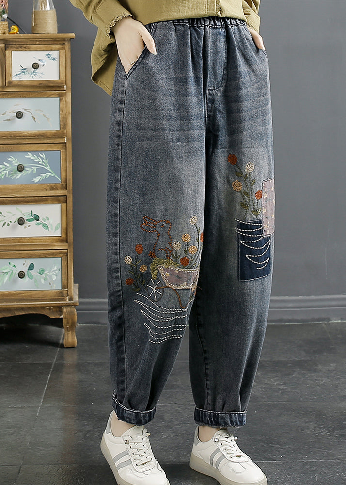 Natural Blue Embroideried Pockets Elastic Waist Denim Pants Fall