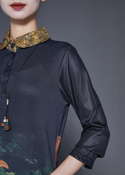 Black Peter Pan Collar Print Slim Fit Dress Fall
