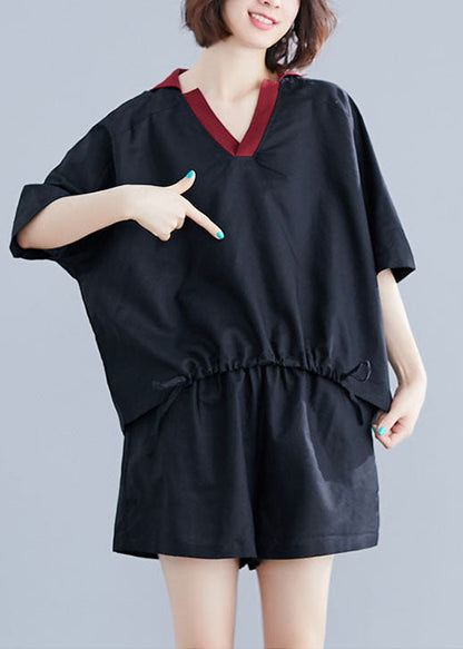 Black Cotton Two Piece Set Clothing V Neck Drawstring Summer