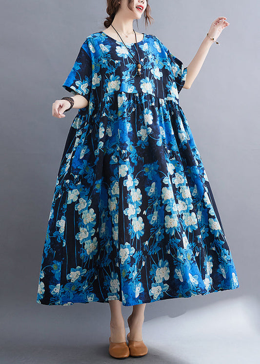 Blue Print Patchwork Vacation Maxi Dresses Short Sleeve