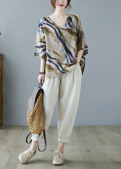 Blue Bat Wing Sleeve V Neck Asymmetrical Design Fall Striped Top
