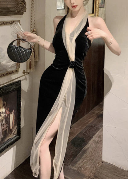 Black V Neck Tulle Patchwork Backless Silk Velour Long Dress Summer