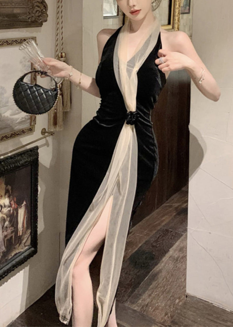 Black V Neck Tulle Patchwork Backless Silk Velour Long Dress Summer