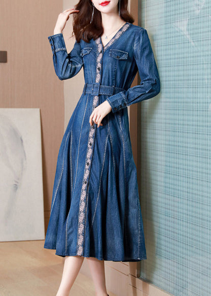 Blue V Neck Print Button Sashes Silk Denim Maxi Dresses Long Sleeve Spring