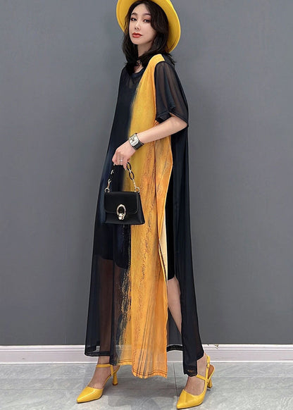 Simple Yellow Black O-neck Side Open Hollow Out Tulle Dress Long Smock Short Sleeve