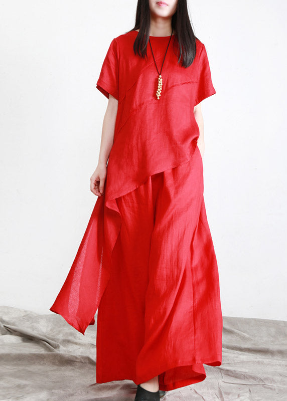 Red O-neck Asymmetrical Linen Top and Pants Two Pieces Sets Summer