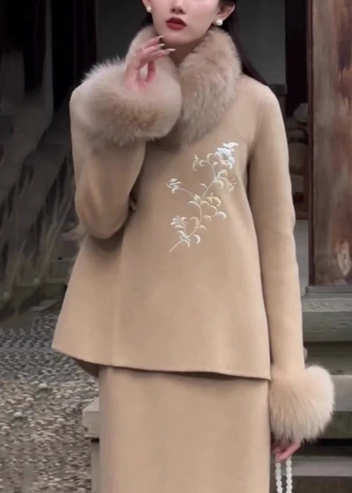 New Light Camel Fur Collar Button Patchwork Woolen Two-piece Set Winter