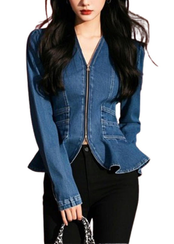 Blue V Neck Zip Up Slim Fit Denim Top Fall