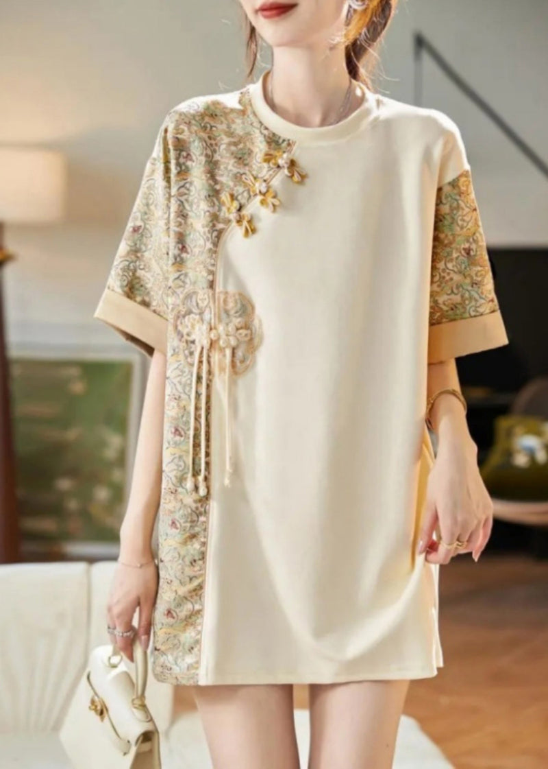 Beige O-neck Print Tassel Button Shirts Short Sleeve