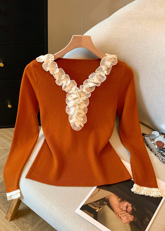 Pumpkin Color V Neck Ruffled Patchwork Knitting Cotton T Shirt Fall
