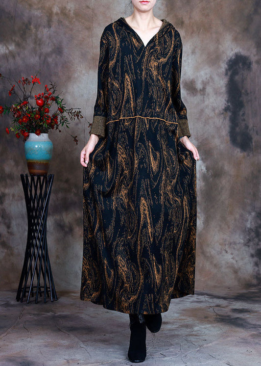 Chocolate Hooded Print Woolen Party Dress Spring