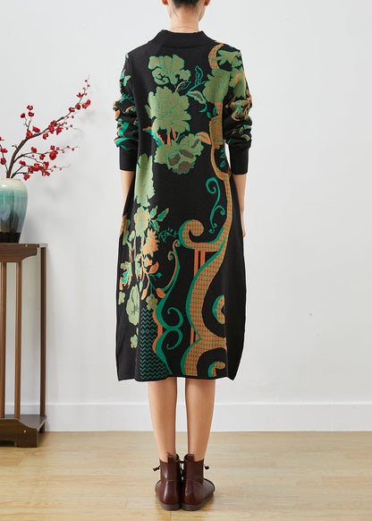 Fine Black Print Slim Fit Cotton a Line Dress Fall