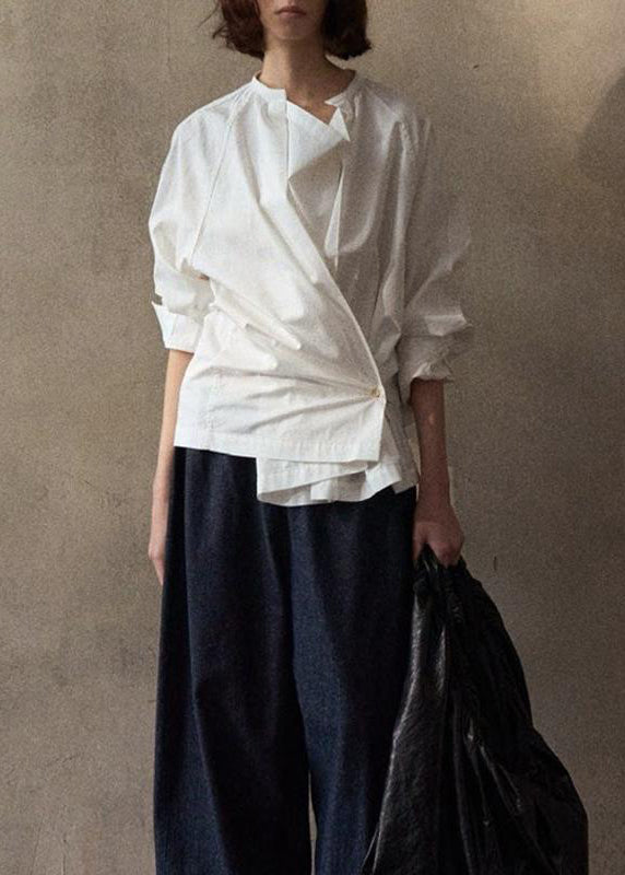 Style White Asymmetrical Button Cotton Shirt Tops Long Sleeve Fall