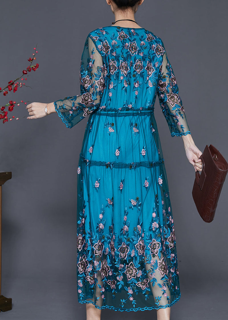 Blue Embroidered Tulle Cinched Dresses Summer