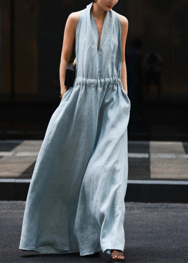 New Light Blue Pockets Tie Waist Linen Robe Dresses Sleeveless
