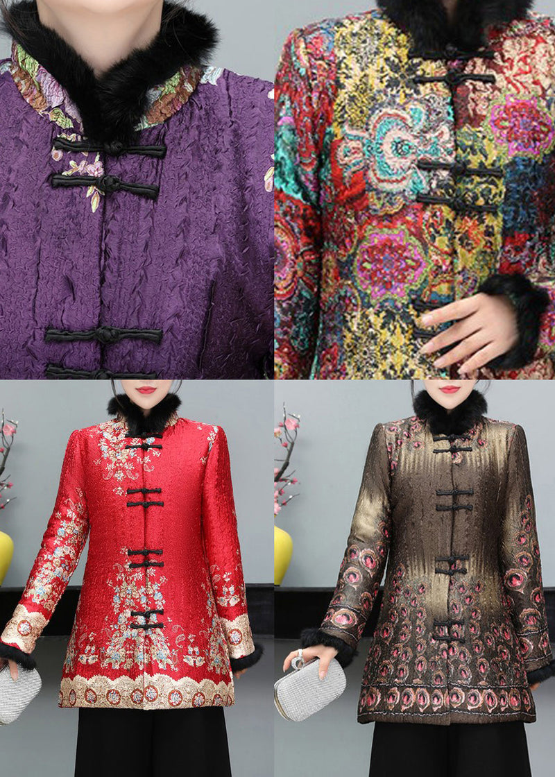 Coffee Print Fine Cotton Filled Coat Fur Collar Button Long Sleeve