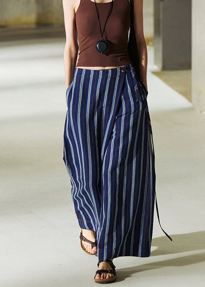 French Blue Pockets Striped Lace Up Linen Pants Summer