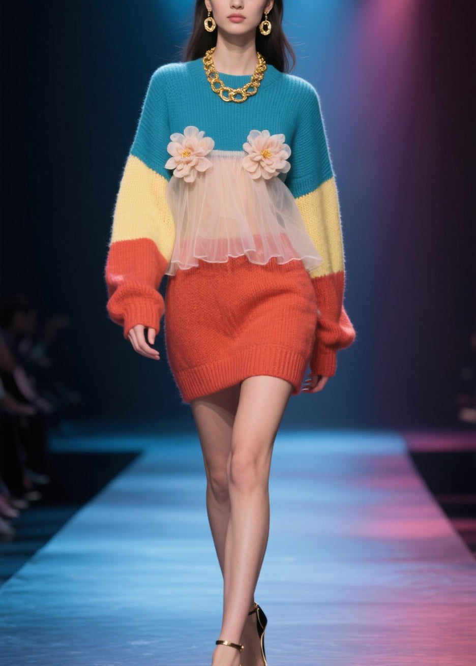 Loose Colorblock O Neck Tulle Knit Sweater Dress Winter
