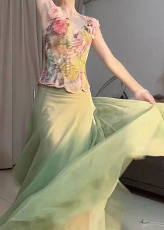 Green Tops and Skirts Tulle Two Pieces Set Summer