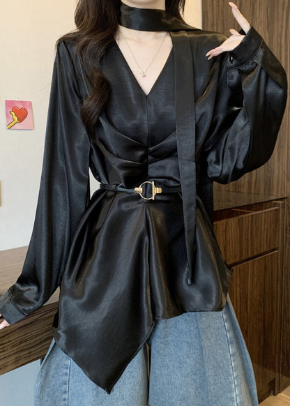 Black Asymmetrical Design Draping Silk Tunic Shirts Fall