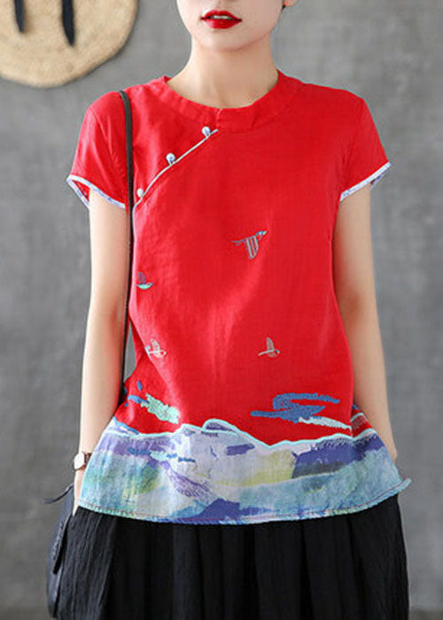 Red Embroideried Chinese Button Cotton Tank Short Sleeve