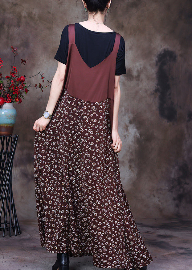Fitted Chocolate Patchwork Print Chiffon Strap Dress and Cotton Tank Two Piece Set Outfits Summer