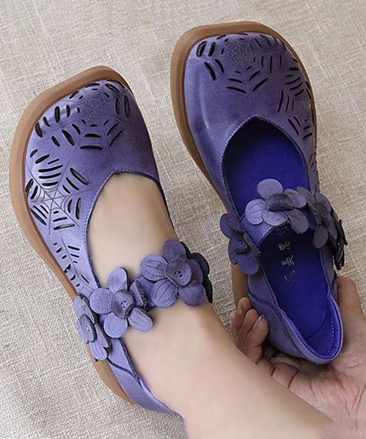 Handmade Cowhide Leather Purple Walking Sandals Hollow Out