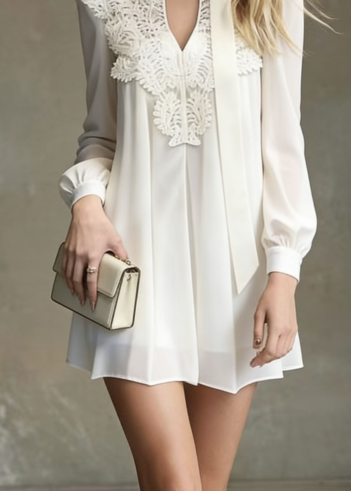 Italian White Lace Patchwork Chiffon Mini Dress Spring