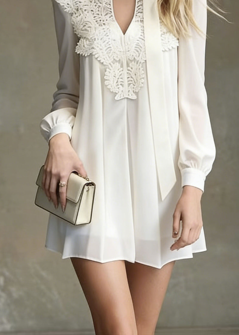 Italian White Lace Patchwork Chiffon Mini Dress Spring