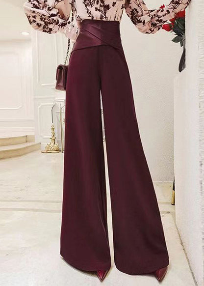 French Red High Waist Cotton Wide Leg Pants Spring