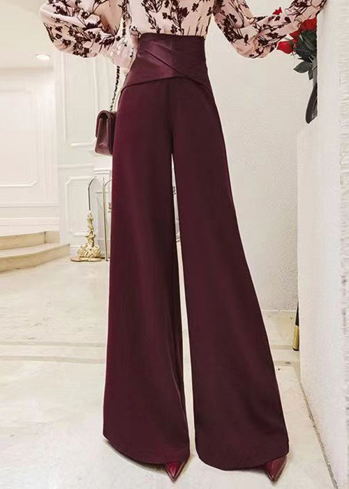 French Red High Waist Cotton Wide Leg Pants Spring