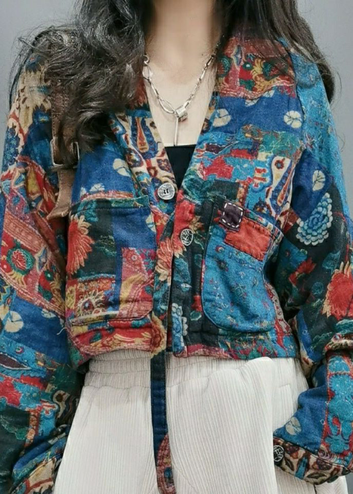 Blue V Neck Print Button Cotton Top Long Sleeve