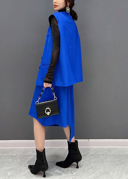 Style Blue Asymmetrical Design Spandex Vest and Skirt 2 Piece Outfit Sleeveless