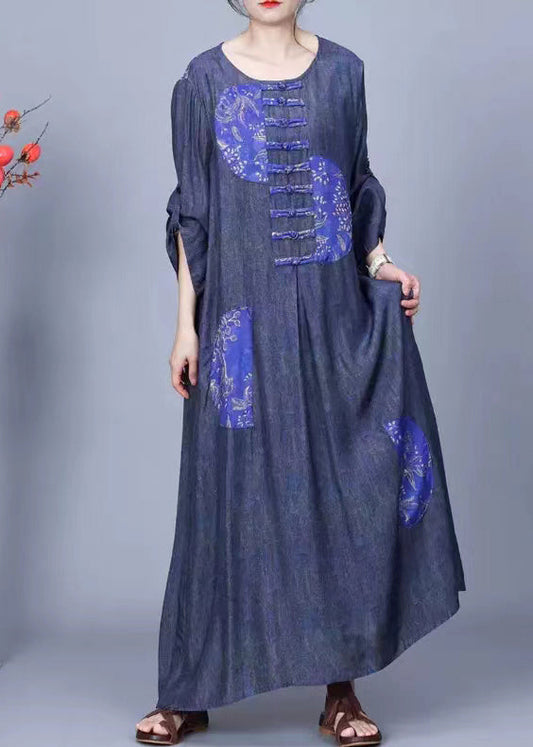 Blue O Neck Button Patchwork Cotton Long Dress Spring