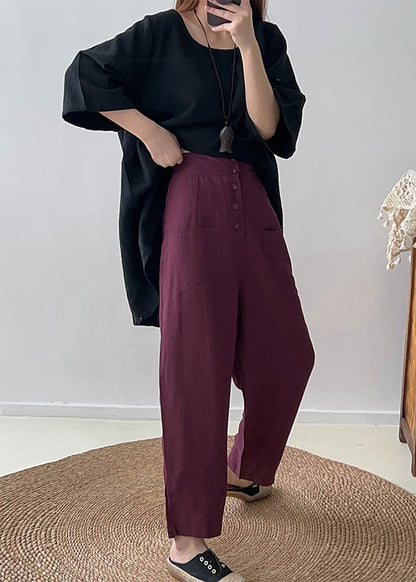 Purple High Waist Button Down Cotton Pants Trousers Fall