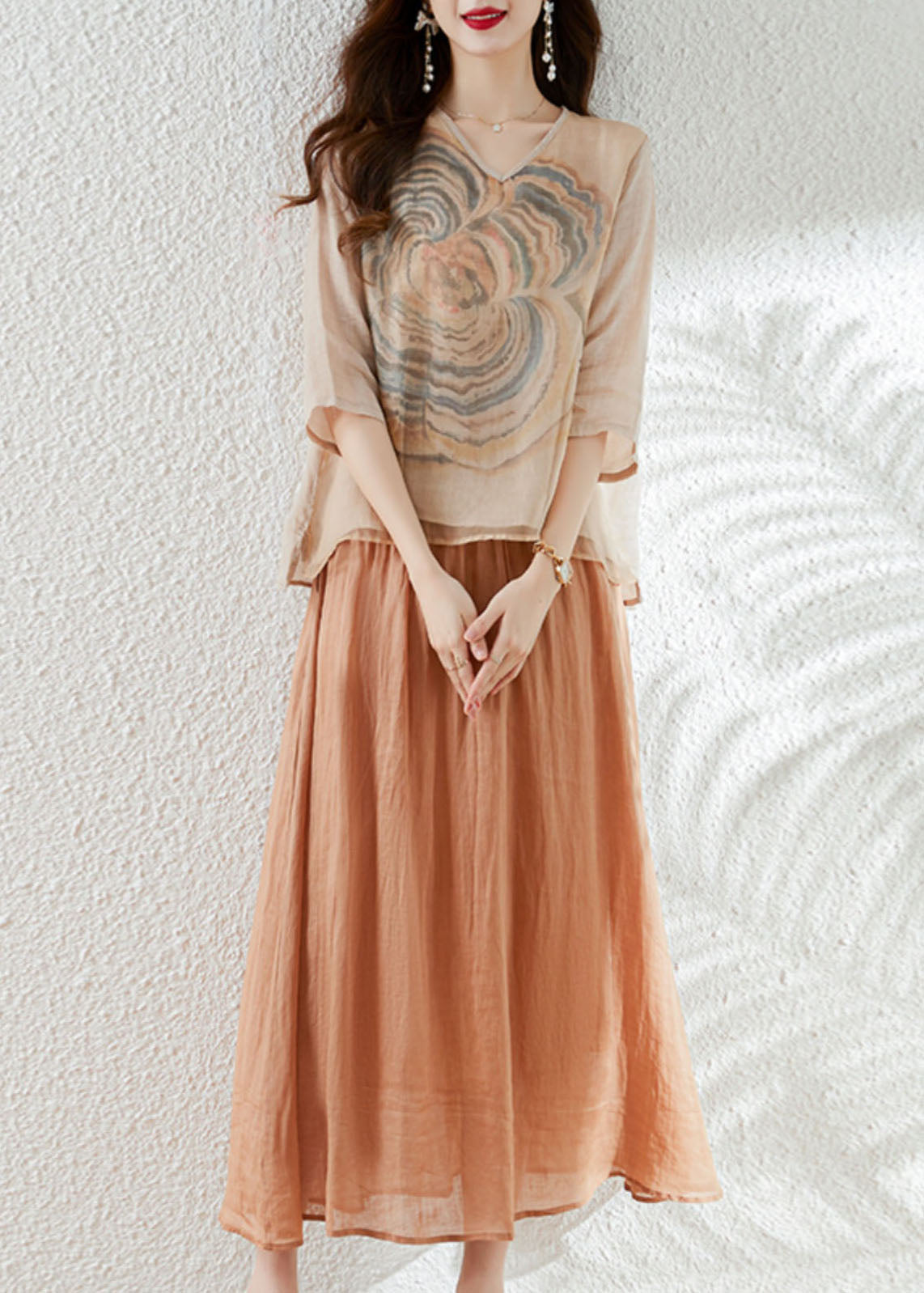 French Apricot V Neck Print Patchwork Tops and Skirts Cotton Two Pieces Set Summer