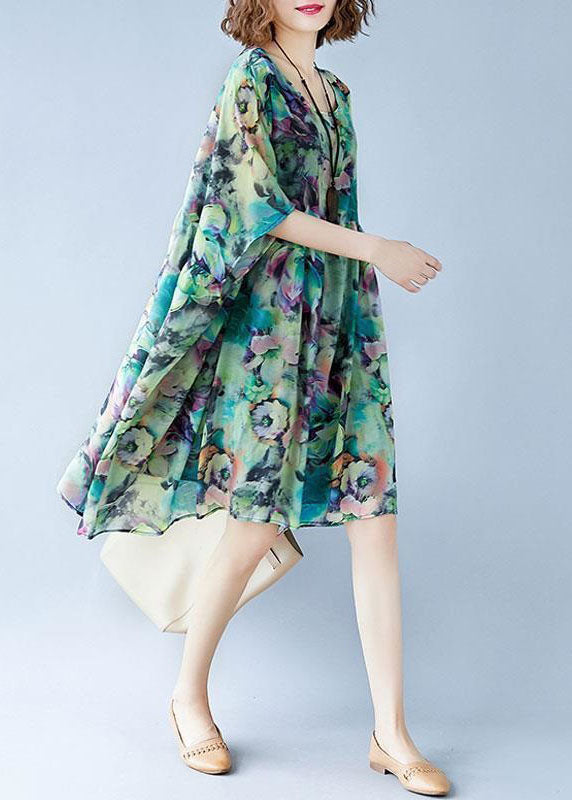 Green O Neck Print Patchwork Chiffon Dresses Summer