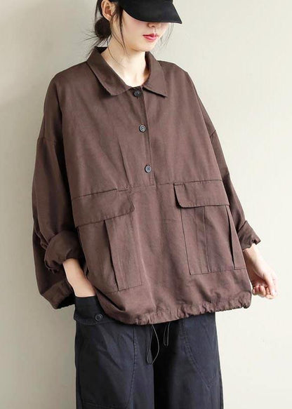 Lapel Patchwork Spring Shirts Pattern Chocolate Shirt