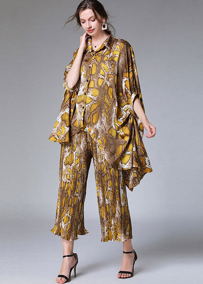 Unique Yellow Print Batwing Sleeve Asymmetrical Design Top Wide Leg Two Pieces Set