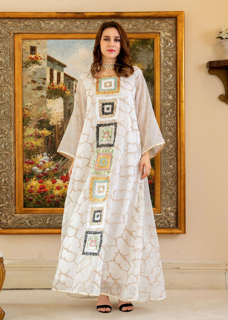 Brief White O-neck Embroideried Tulle Maxi Dress Long Sleeve