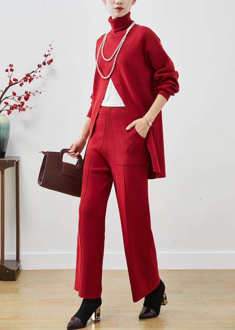 Red Turtle Neck Side Open Original Design Knit Two Pieces Set Spring