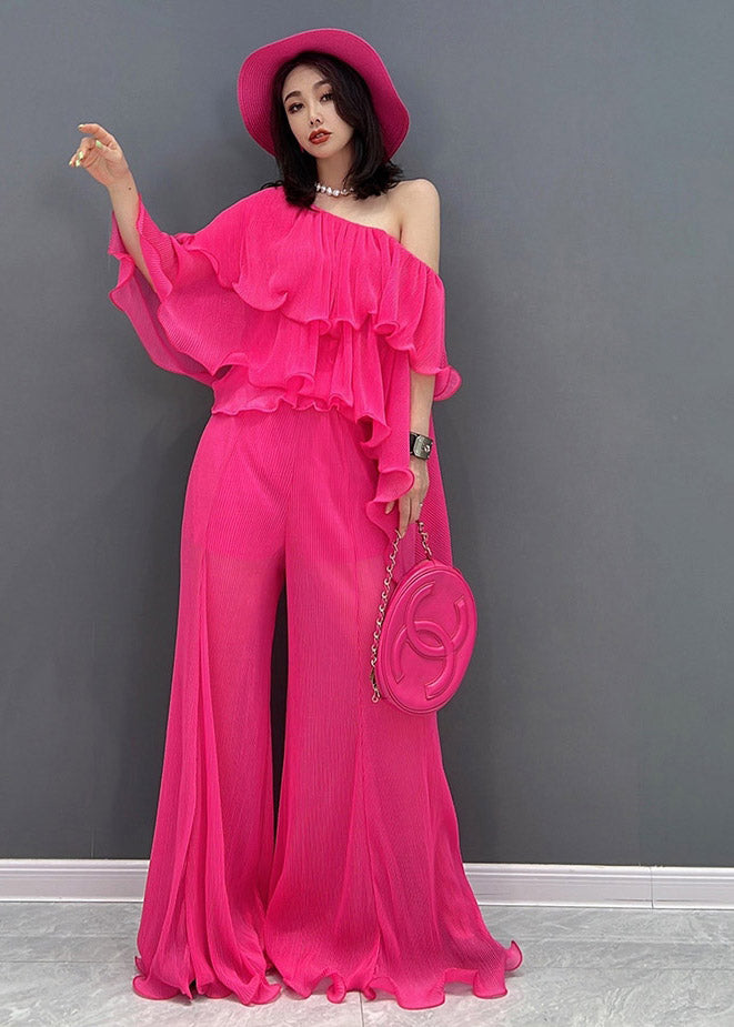 Vogue Chiffon O-neck Top and Wide Leg Pants Two Pieces Set Summer