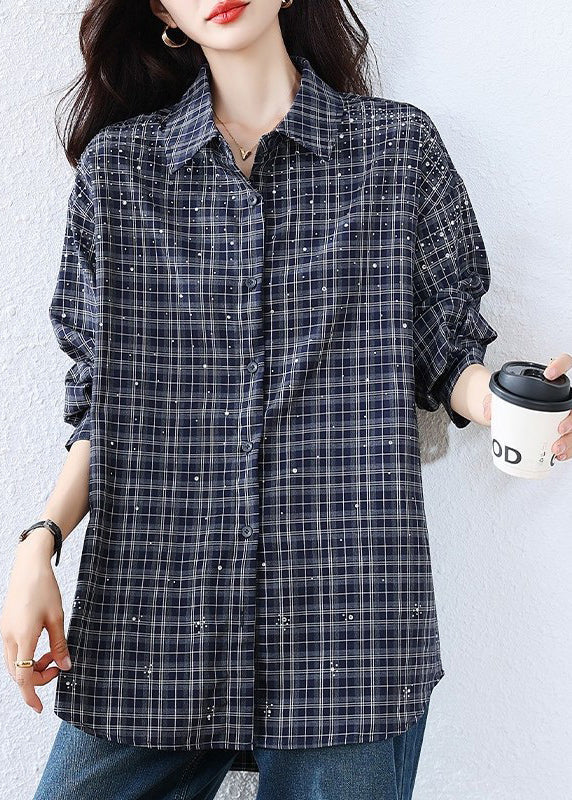 Blue Plaid Rhinestone Cotton Blouse Tops Fall